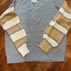 Listicle Knit Henley Sweater – Gray with Striped Sleeves - Size S